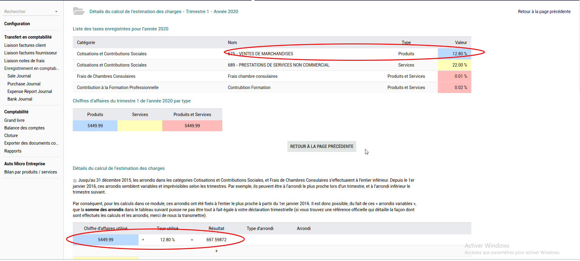 detail charge microentreprise dolibarr