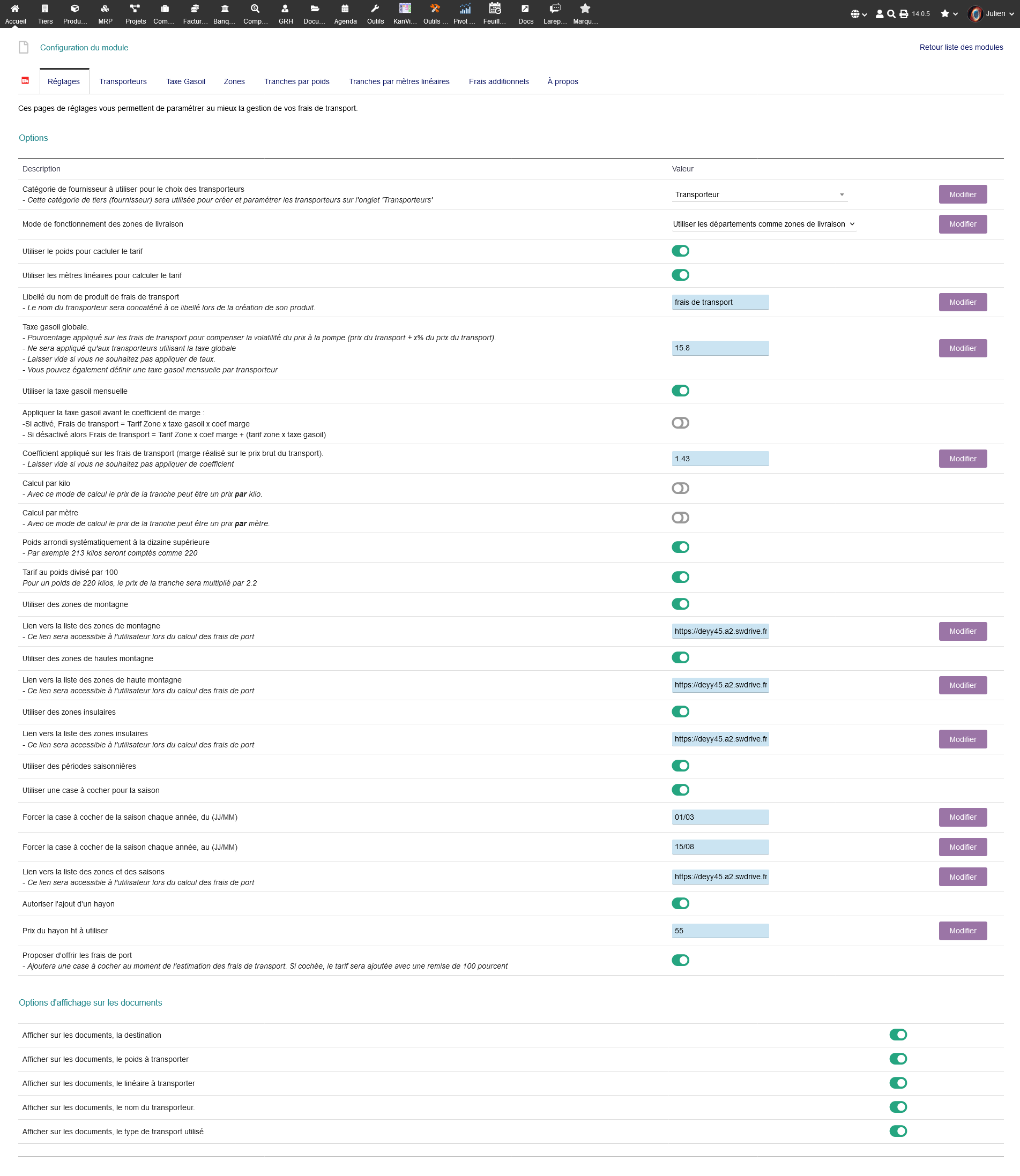 vue configuration dolibarr frais transport