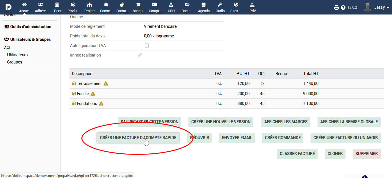 acompte rapide dolibarr