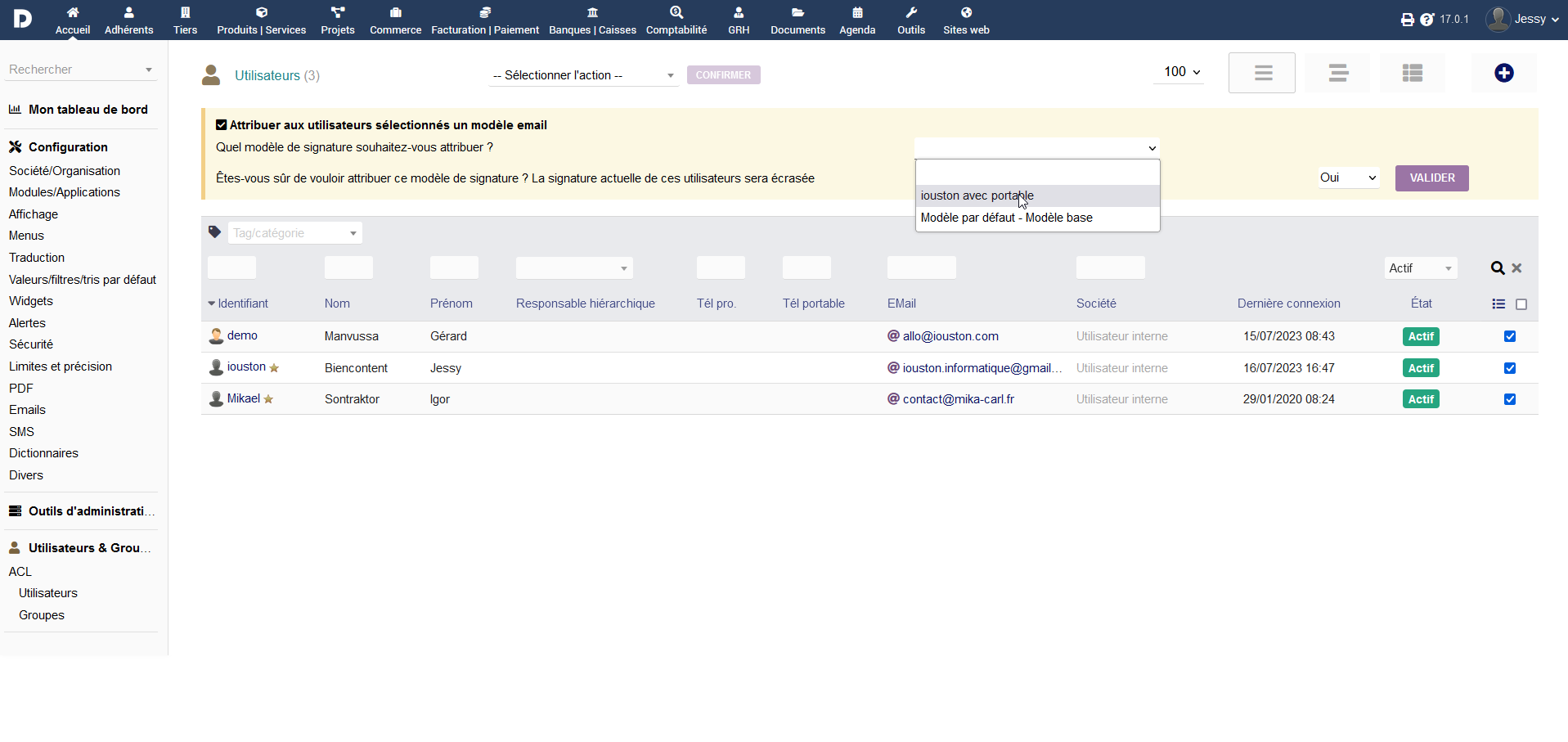 selectionner signature mail utilisateur dolibarr