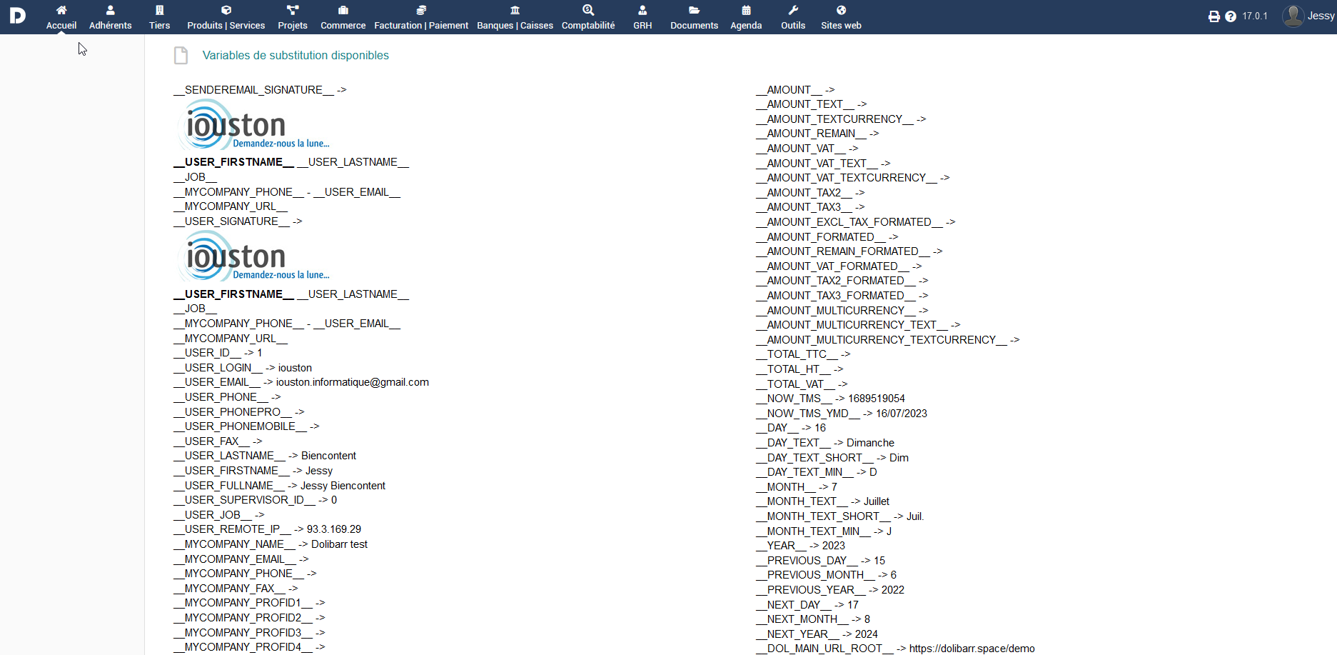 variables modeles signature dolibarr utilisateur