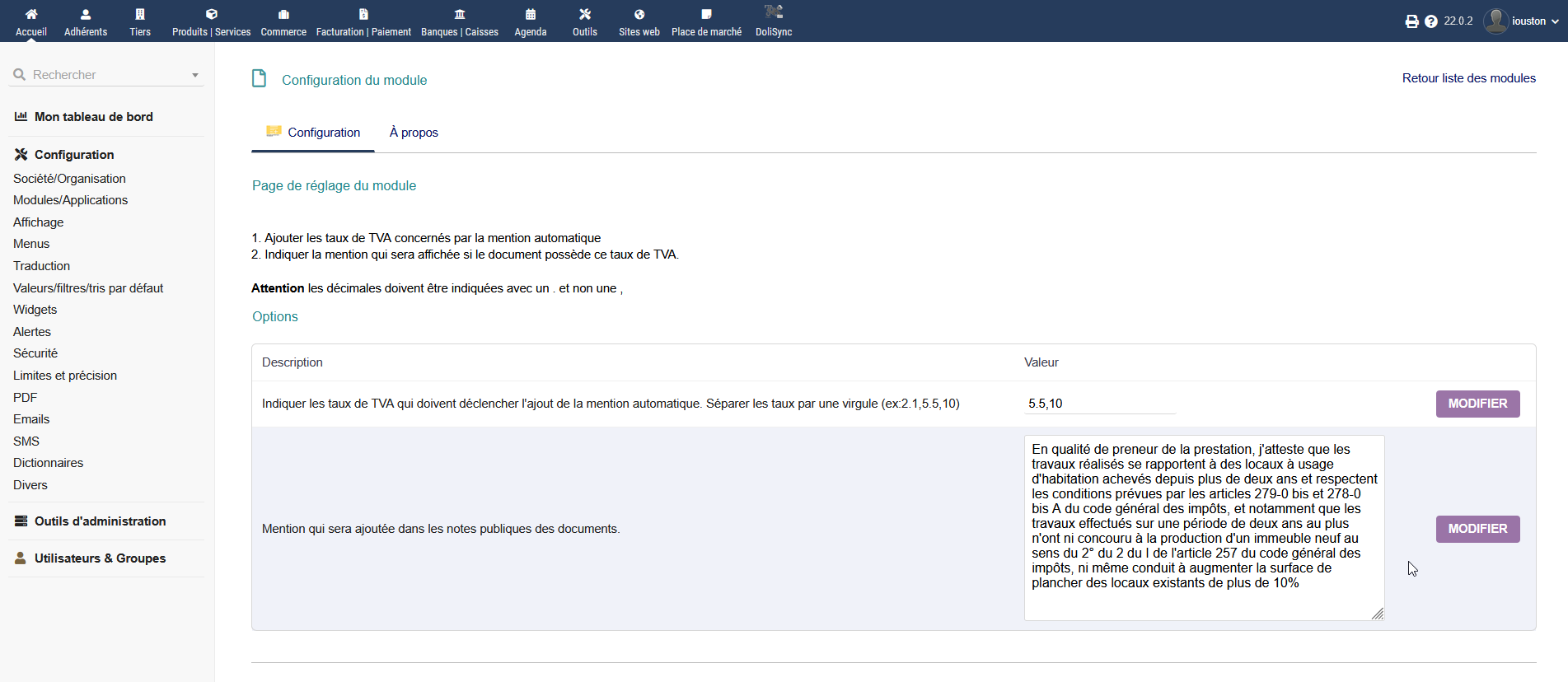 dolibarr renovation mention tva reduite facture